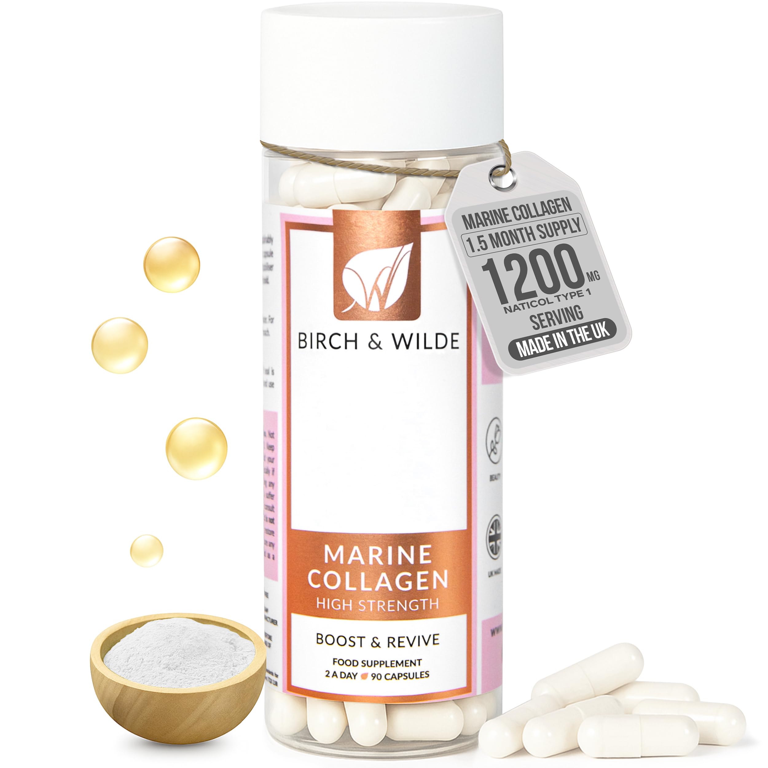 Marine Collagen 1200mg – Hydrolysed Collagen Peptides for Skin, Hair, Nails, Bones & Joints – Glow Support for Women & Men – Halal & Kosher, UK Made – 90 Capsules (1.5 Month Supply)