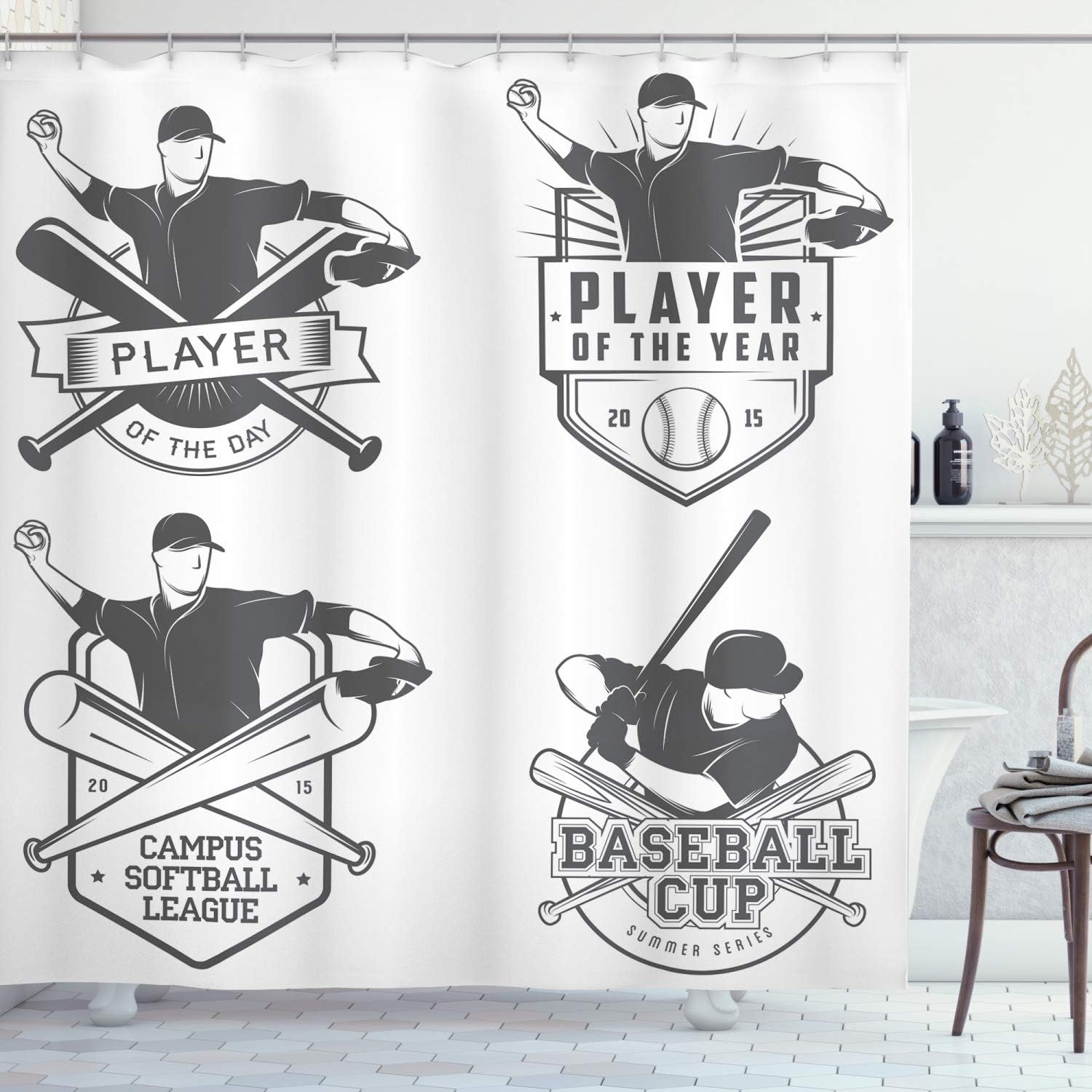 Amazon Com Ambesonne Sports Decor Shower Curtain Set Vintage Baseball And Softball Labels With Championship Winner Victory Theme Bathroom Accessories 69w X 70l Inches Home Kitchen