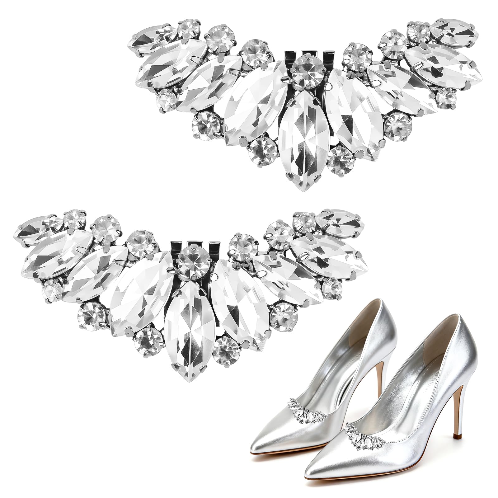 Photo 1 of 1 Pair Shiny Rhinestone Shoe Clips for Women Dress Shoes, Silver Elegant Detachable Shoe Jewelry Clips for Heels Flats, Decorative Shoe Accessories for Bridal Wedding Party Mom Gifts