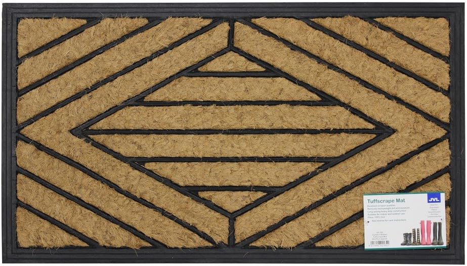 JVL Comfort Coir Rubber Scraper Entrance Door Mat - Square Pattern, 40 x 70cm, Natural/Black, 40 x 70 cm (Rectangular)