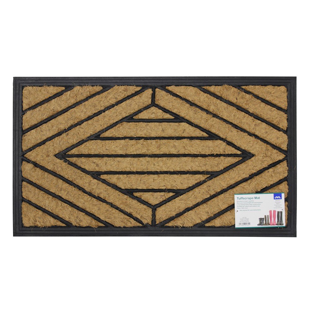 JVL Comfort Coir Rubber Scraper Entrance Door Mat - Square Pattern, 40 x 70cm, Natural/Black