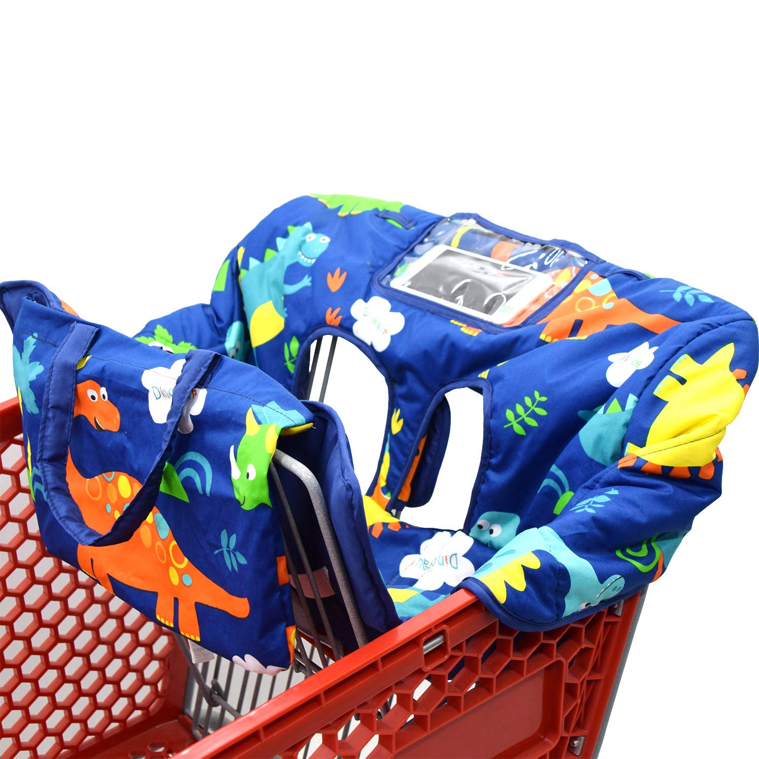 2-in-1 Baby Shopping Trolley Cover Highchair Seat Cushion - Portable Design (Navy Blue Dinosaur) — image 1