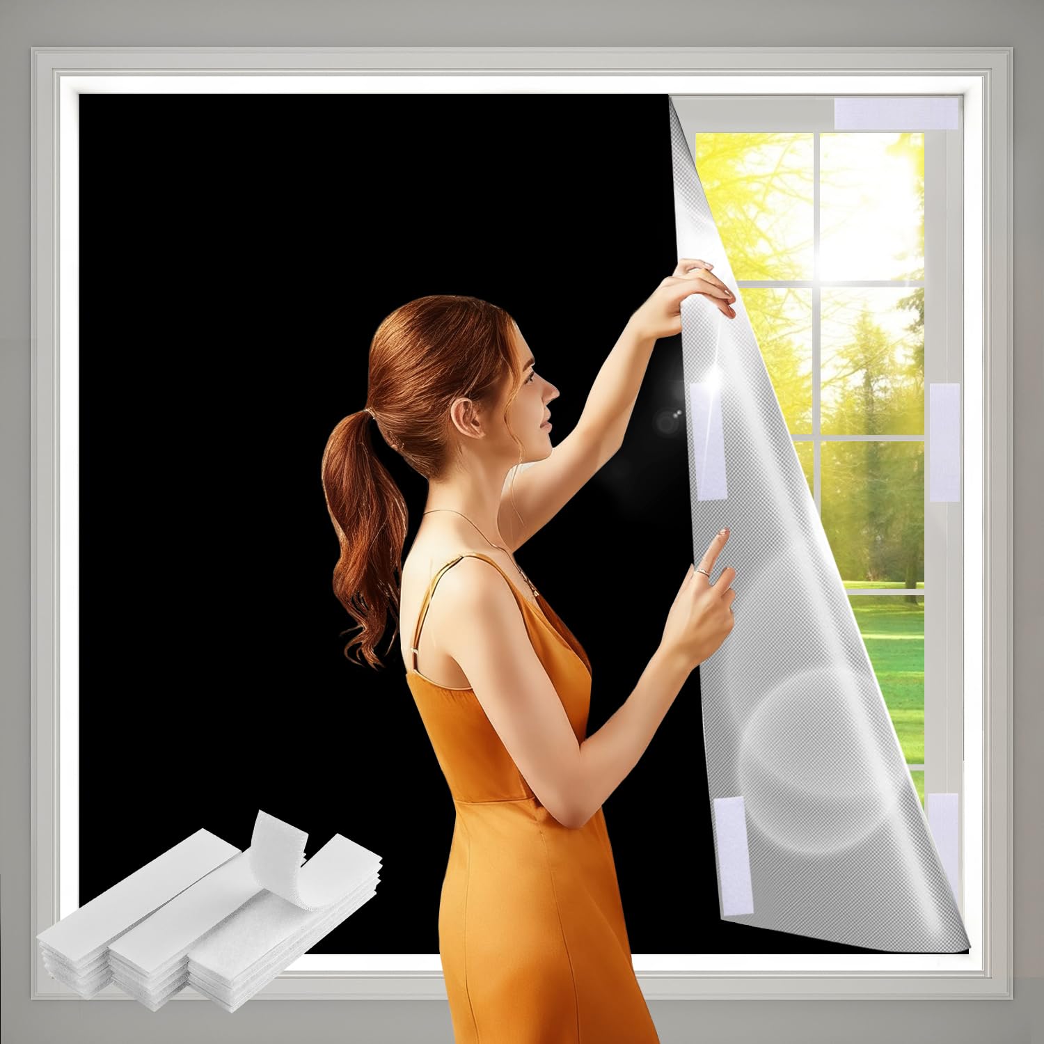 Photo 1 of 100% Blackout Curtains for Bedroom 57x118 inch,Removable Cuttable No Drill Blackout Shades,Portable Temporary Black Out Window Cover,Black Out Blinds for Nursery,Dorm,Travel,RV or Renter Use