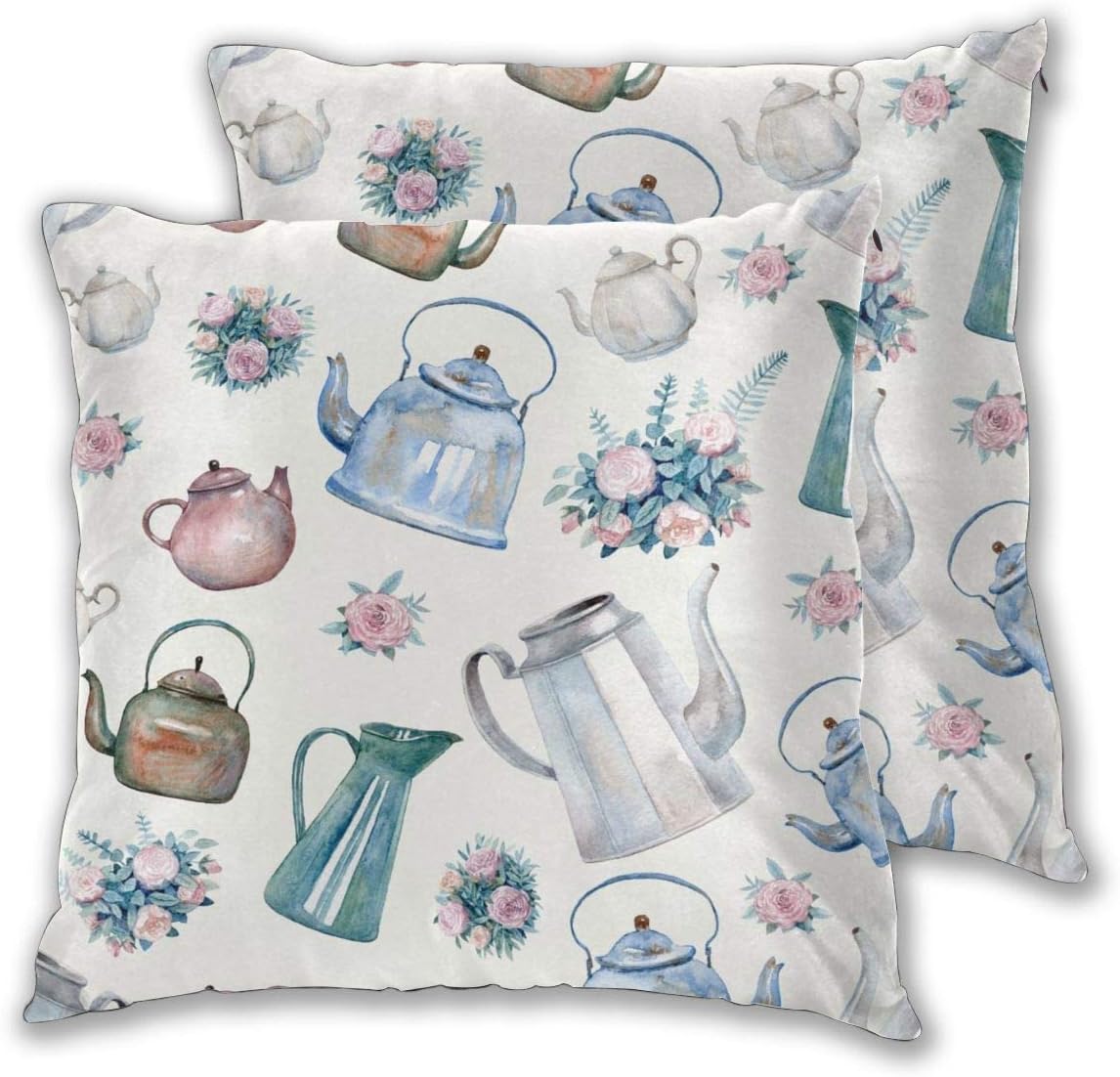 GSRONY Throw Pillow Cover Vintage Kettles Teapots Bouquets of Roses Tea Time Kitchen Decor Home Decoration Soft Pillow Cases Set of 2 for Sofa/Couch/Car/Bed 22