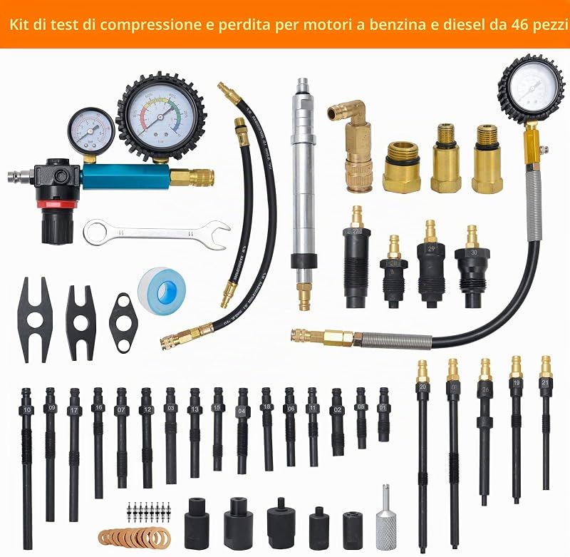 46pz Tester Compressione e Perdite per Motori a Benzina & Diesel, Prova Compressione Motore, Tester di Perdita di Pressione per la Maggior Parte di Auto, Camion, Motociclette