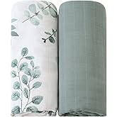 LifeTree Muslin Swaddle Blankets, 2 Pack Baby Swaddling Receiving Blanket for Boys & Girls, 70% Viscose from Bamboo & 30% Cotton, Large 47" X 47" Eucalyptus Leaves/Sage