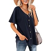 Beluring Women's Shirts V Neck Short Sleeve Waffle Knit Button Up Tunic Tops Blouse