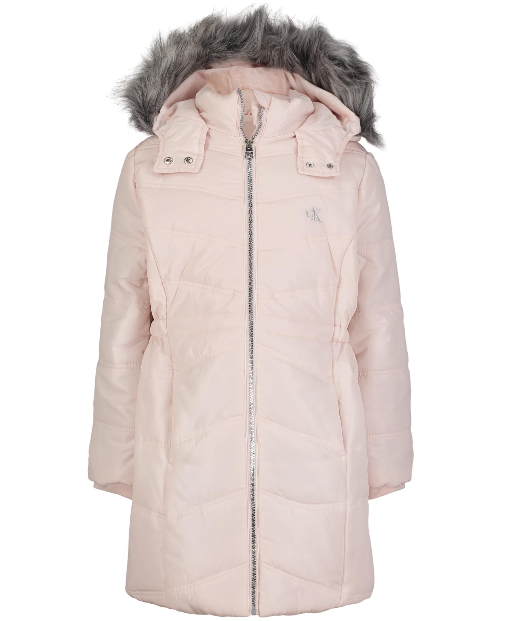 Calvin Klein Girls' Hooded Winter Puffer Jacket, Full-Length Heavyweight Coat with Fleece Lining, Aerial Silver Peony, 3T Image
