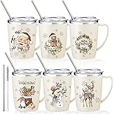 Didaey 6 Pcs Christmas Coffee Mugs Cups 11 oz Christmas Stainless Steel Tumbler Vacuum Insulated Coffee Cups with Handle Lid Straw Wine Mug for Winter Xmas Gift Holiday Party Supplies(Neutral)