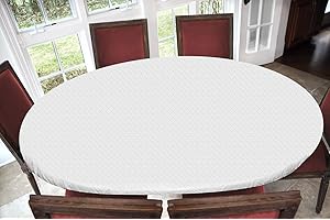 Covers For The Home Deluxe Elastic Edged Flannel Backed Vinyl Fitted Table Cover - Quilted White Pattern - Oblong/Oval - Fits Tables up to 48" W x 68" L
