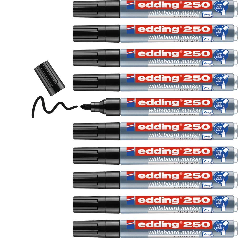 edding 250 whiteboard marker - black - 10 whiteboard pens - round tip 1.5-3 mm - whiteboard pen dry wipe - for whiteboards, flipcharts, pinboards, magnetic and memo boards - sketchnotes - refillable