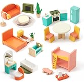 Giant bean 26 Pcs Large Wooden Dollhouse Furniture Set | Kitchen, Living Room, Bedroom, Bathroom, Babyroom, Candy Dollhouse Accessories Furniture Toy Gift for Girls Boys Kids 3+