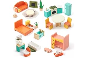 Giant bean 26 Pcs Large Wooden Dollhouse Furniture 5 Set for Kitchen, Living Room, Bedroom, Bathroom, Babyroom, Candy Dollhouse Accessories & Furniture Toy for Girls Boys Kids 3+