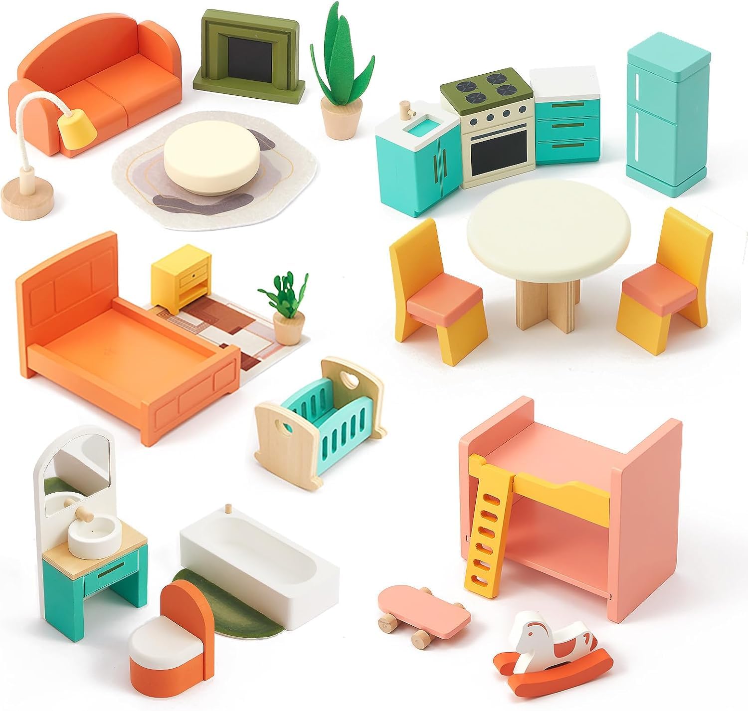 Photo 1 of Giant bean 26 Pcs Large Wooden Dollhouse Furniture 5 Set for Kitchen, Living Room, Bedroom, Bathroom, Babyroom, Candy Dollhouse Accessories & Furniture Toy for Girls Boys Kids 3+