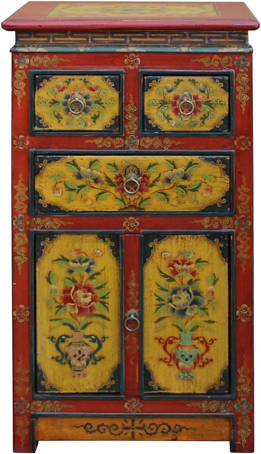 A Small Cabinet Tibetan Oriental Red Black Yellow Orange Floral End Table Nightstand Acs4635