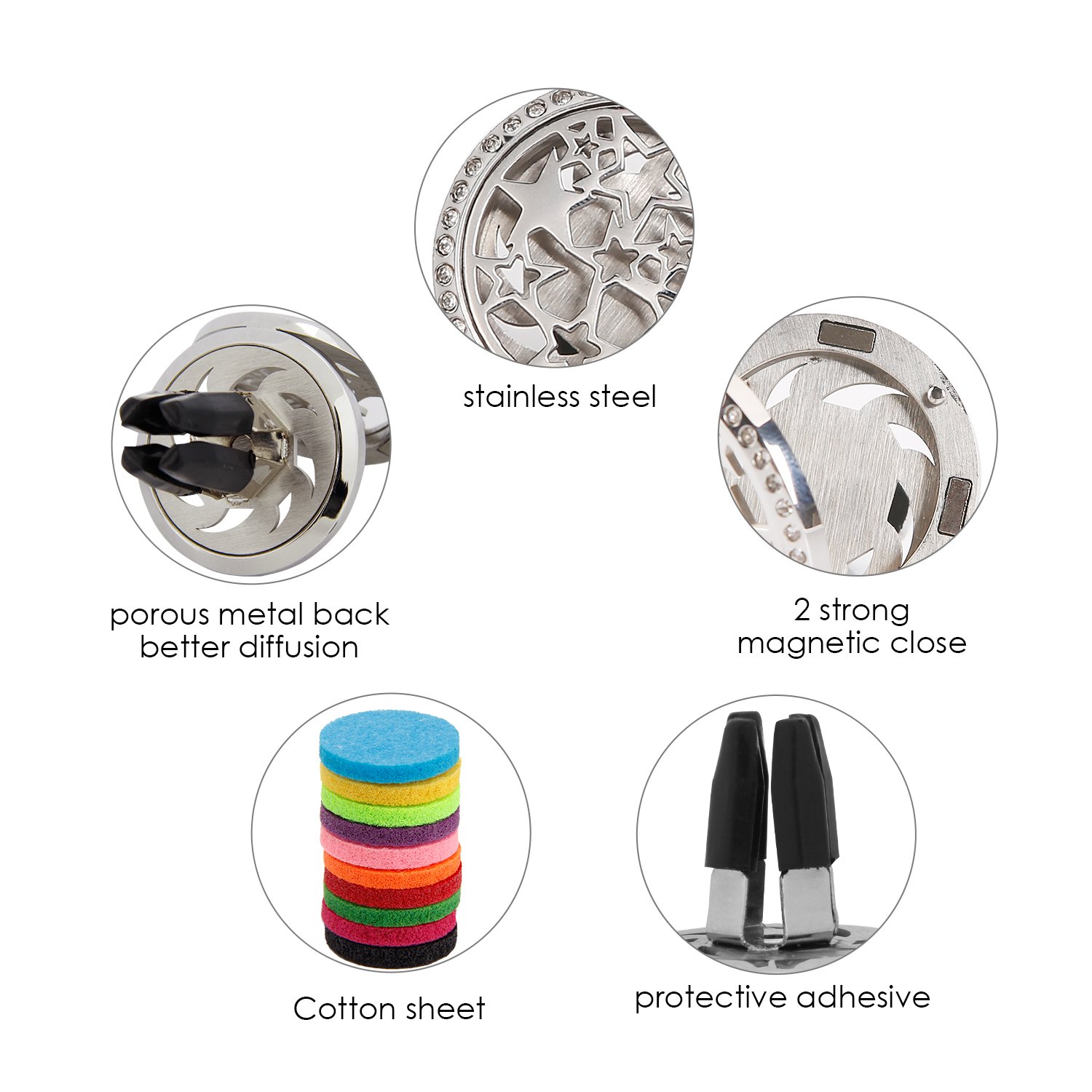 bedee Purificateur d\'air de Voiture, Diffuseur d\'huile de Voiture Aromatherapie Desodorisant Clip, 10pcs Plaquettes de Recharge lavables (Étoiles)