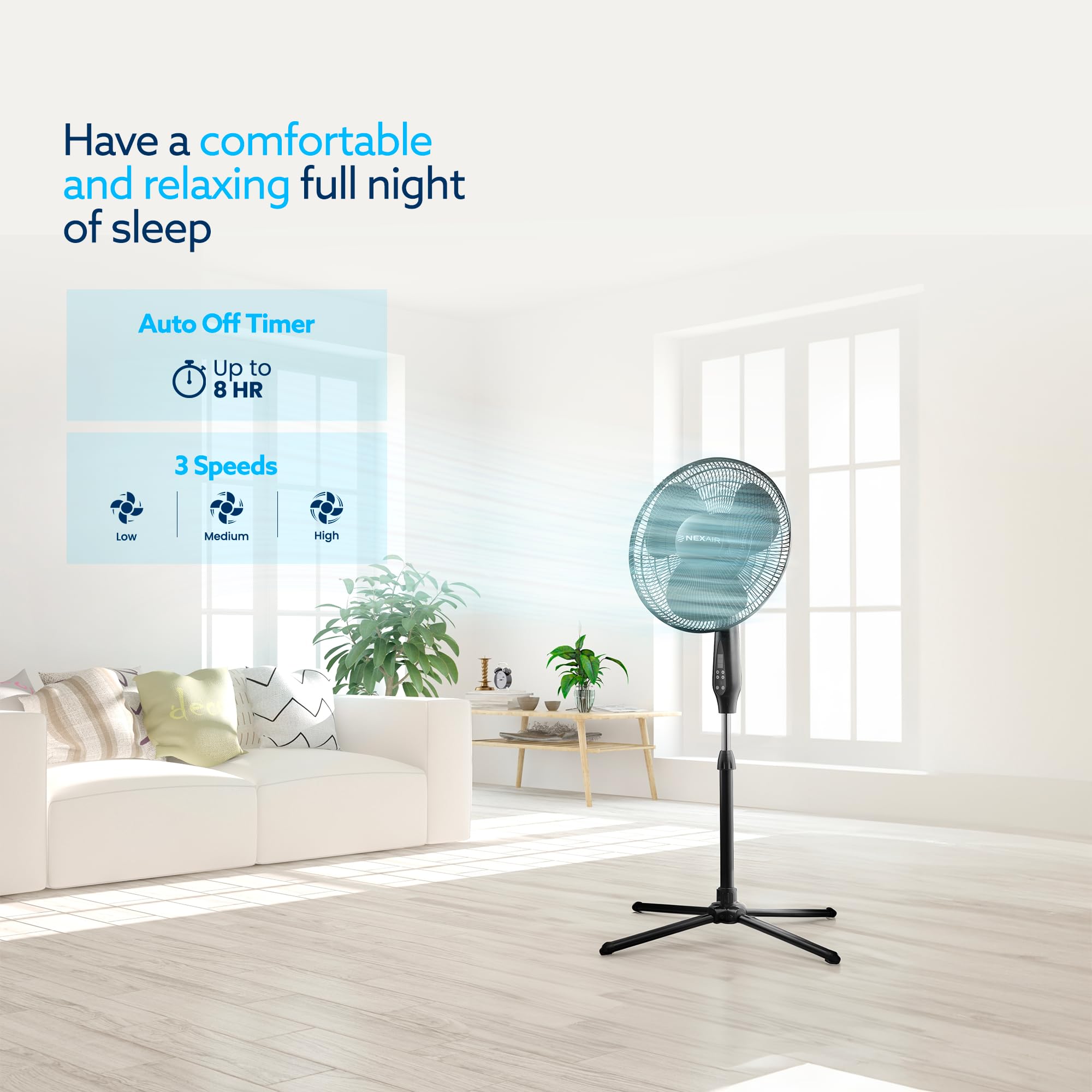 NEXAIR Oscillating 16 Inch Pedestal Stand Up Quiet Operating Room Fan With Remote Control, 3 Speed Stand for Bedroom, with Adjustable Height, Standing Fan Great For Office & Living Room