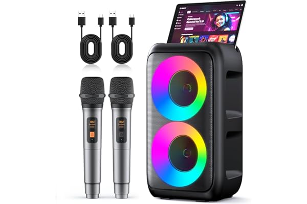 Karaoke Machine for Adults Kids, Portable Bluetooth Speaker with 2 Wireless Microphones, TWS Mode & LED Light, 10H Battery PA System, Home Party Outdoor Camping Birthday Gifts (Black)