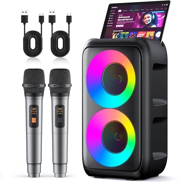 KARAOKE MACHINE FOR ADULTS KIDS, PORTABLE BLUETOOTH SPEAKER WITH 2 WIRELESS MICROPHONES, TWS MODE & LED LIGHT, 10H BATTERY PA SYSTEM STAGE MONITORS,PERFECT FOR HOME PARTY OUTDOOR BIRTHDAY GIFTS(BLACK)