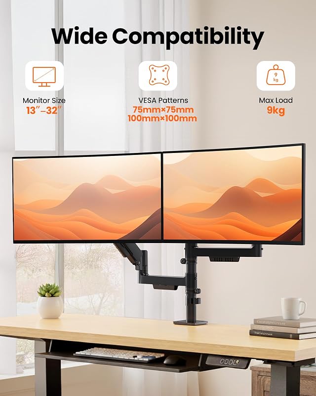 Braccio Monitor Doppio Verticale, Supporto Schermi 13-32″, fino a 9kg per Braccio, Maggiore Stabilità con Morsetto a C Integrato, Gestione dei Cavi Migliorata, VESA 75x75/100x100 mm, Nero
