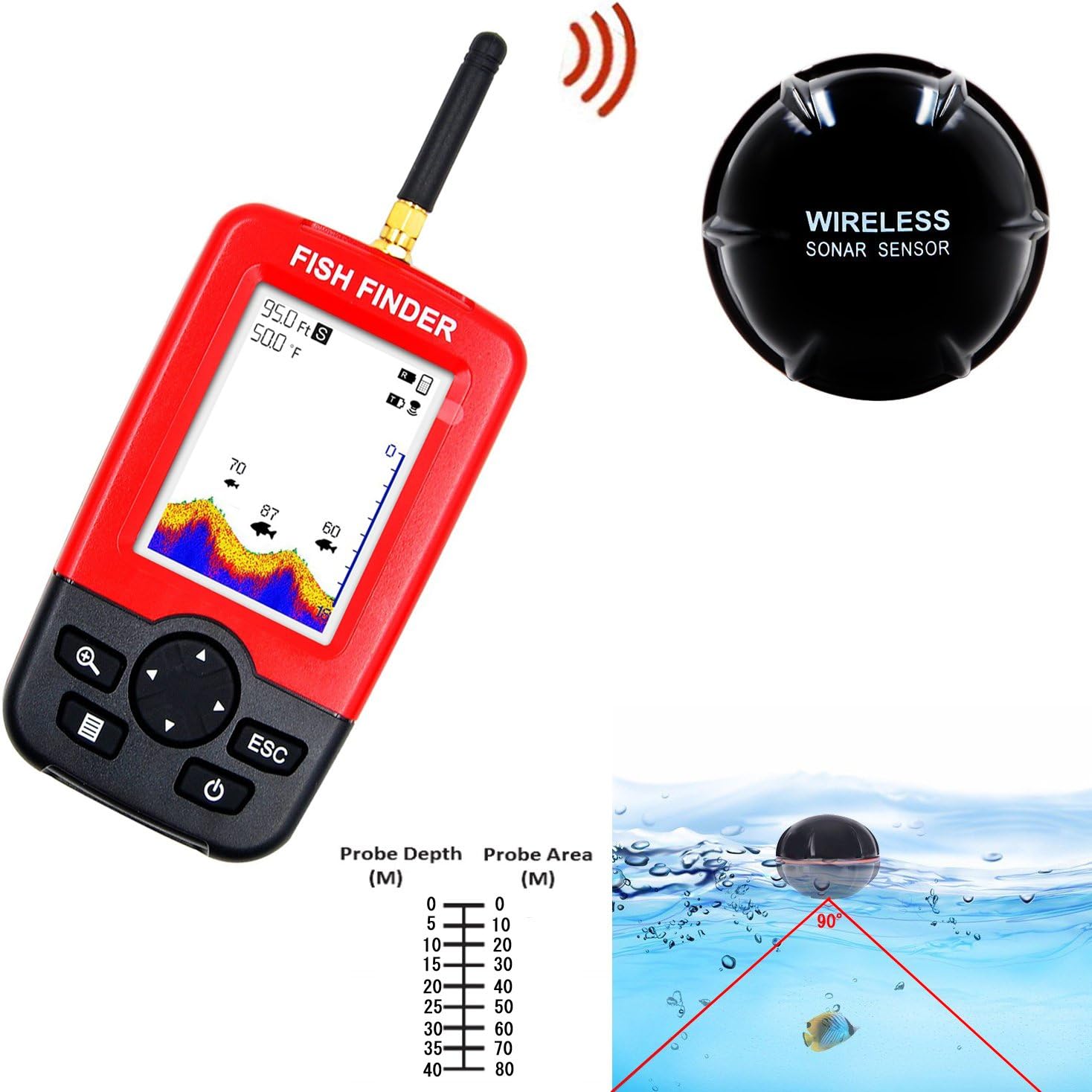 Amazon Fish Finder充電式ワイヤレスSonar Sensor奥行ロケータwith魚サイズ、水温度プローブ、奥行40 M範囲