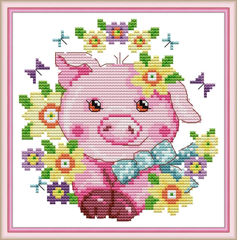 OWN4B Cross Stitch Kits Stamped, Happy Farm - Pig Printed Pattern 11CT 9.1x9.4 inch DIY Embroidery Kit