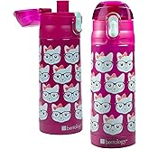 Bentology Stainless Steel 13 oz Reusable Water Bottle for Kids, Kitty Cat - Double Wall Insulated, Spill Proof Lid w/Built-in Straw- Keep Liquids Hot or Cold For Hours- Fits in Lunch Boxes & Bags