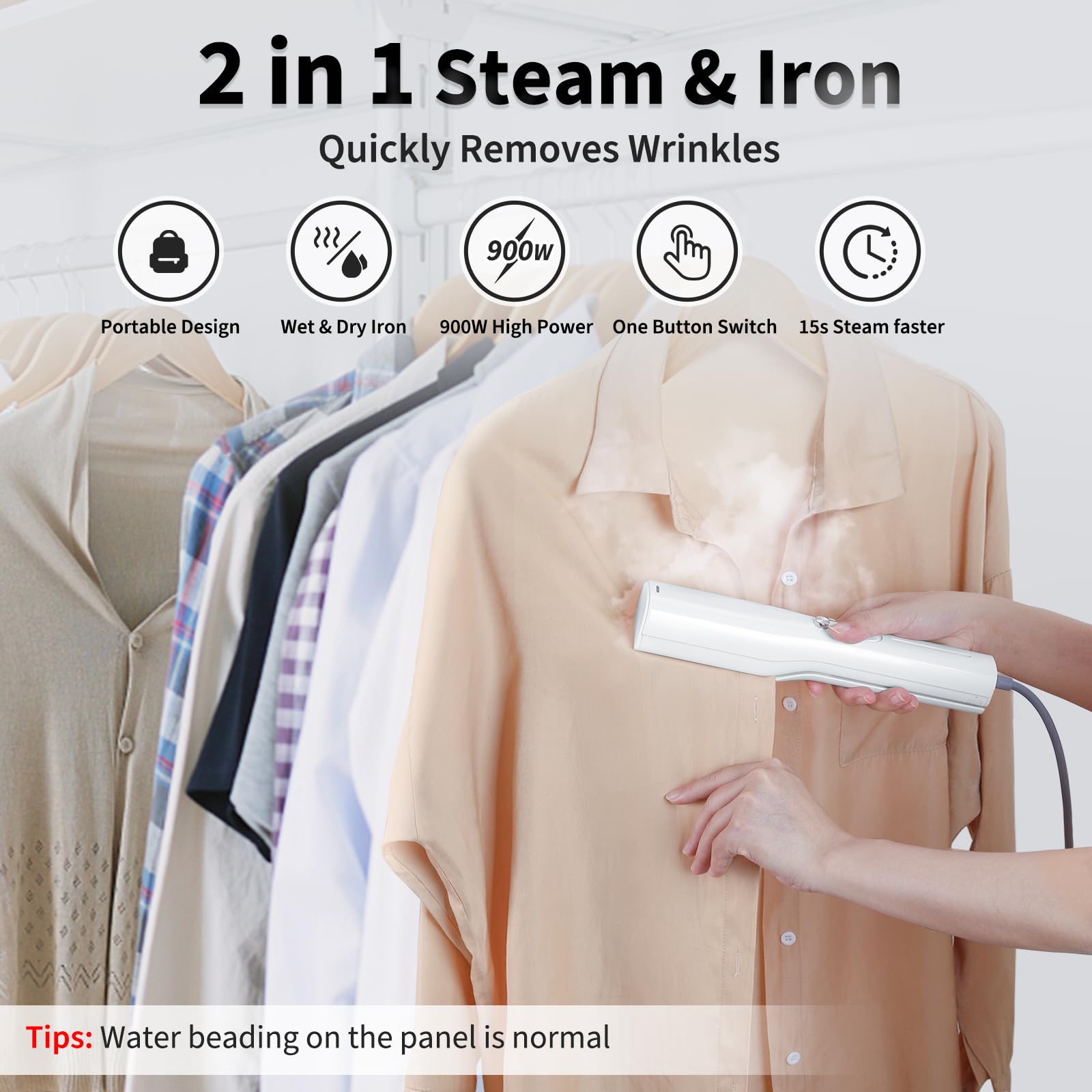 Steamer for Clothes - Travel Iron Steamer, Portable Mini Handheld Garment Steamer, 2 in 1 Wet & Dry Ironing, 15s Fast Heat Up, 900W Wrinkles Remover Clothes Steamer for Home, 120V (lily white)