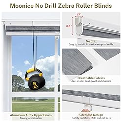 Moonice No Drill No Tools Cordless Zebra Blinds for