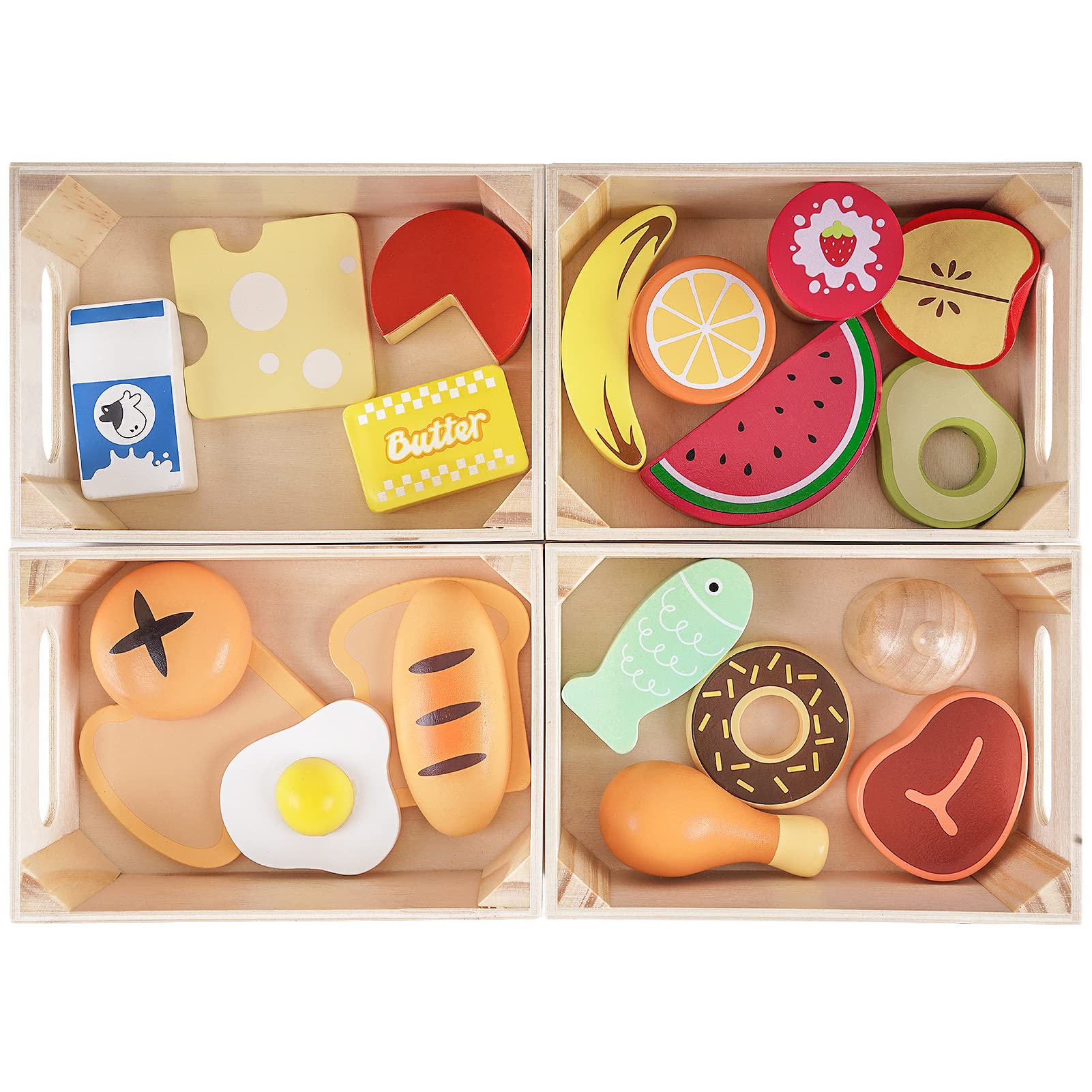 Food Groups - Wooden Play Food Sets, Pretend Play Kitchen Toys, Toy Food Accessories for Toddlers 1-3, Wood Play Fake Food for 1 2 3 Year Old Boys Girls Birthday Gift
