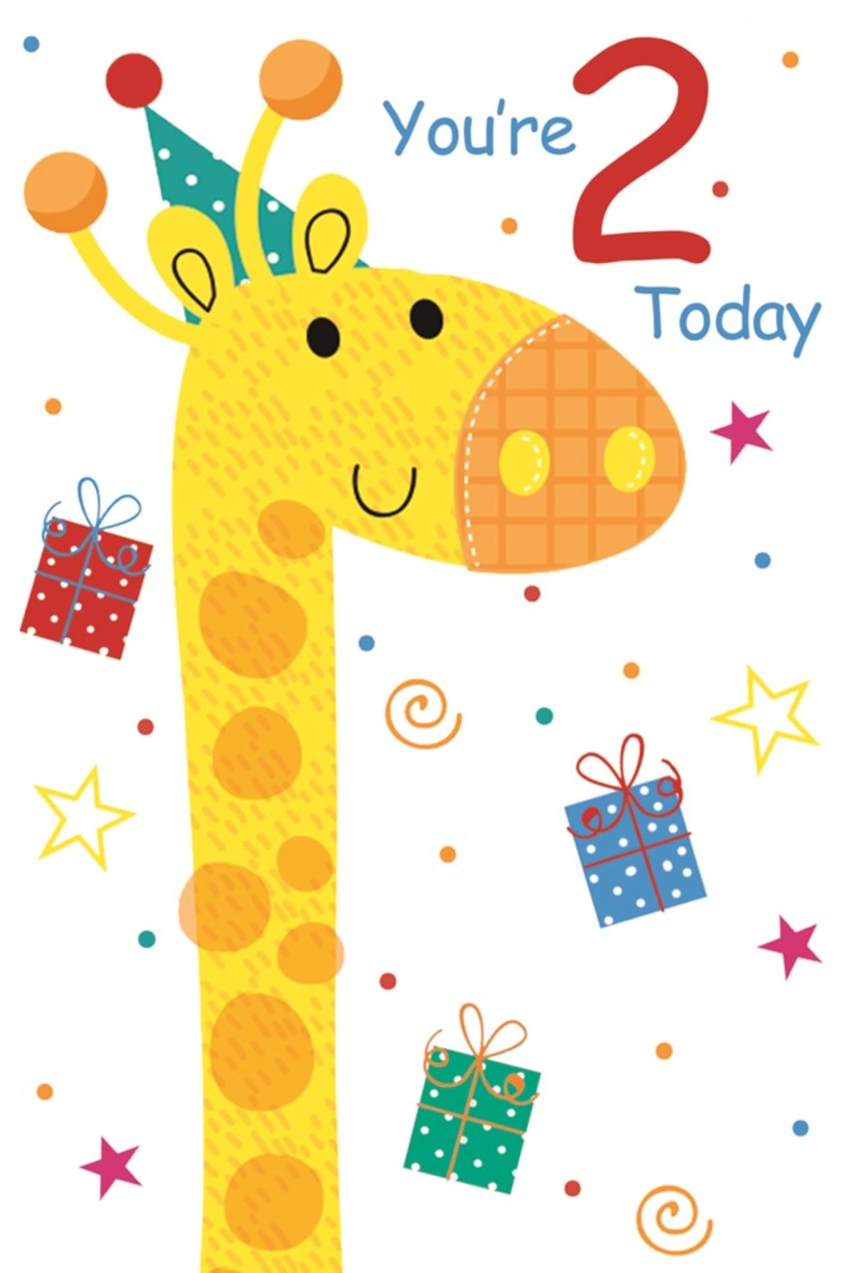 Age 2 Birthday Card - Giraffe in Party Hat Stars Swirls Glitter 7.75x5.25