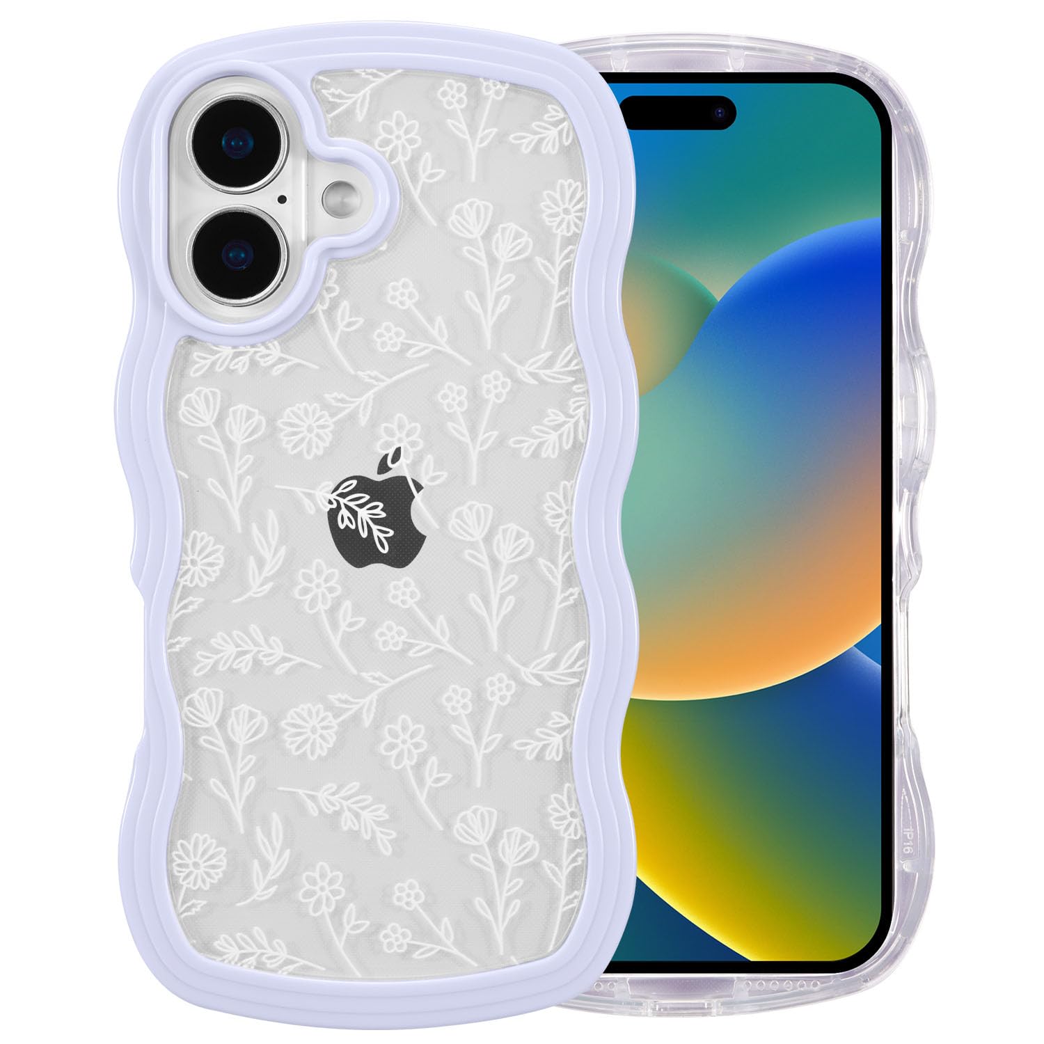 QLTYPRI for iPhone 16 Case, Cute Curly Wave Frame Clear Case for Girls Women, Flower Clear TPU Bumper Slim Soft Silicone Shockproof Protective Phone Cover for iPhone 16 - White Floral/Purple — image 1