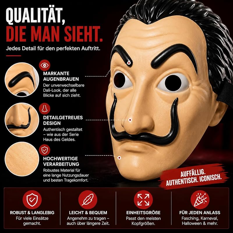 Haus des Geldes Maske - Einheitsgröße - Salvador Dali - Kostüm für Fasching, Karneval, Halloween — Foto 7 von 8