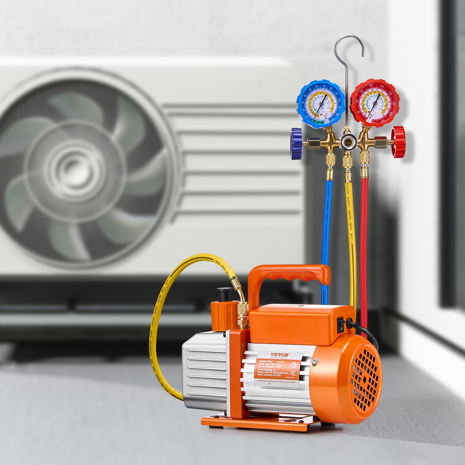 VEVOR 3,5 CFM AC-Vakuumpumpe und Manometer-Set, einstufige Drehschieber-HVAC-Luftvakuumpumpe, A/C-Kältemittelverteiler-Manometer-Kit, mit Schläuchen, Klimaanlagenkühlung für R134a, R12, R22, R502a 8