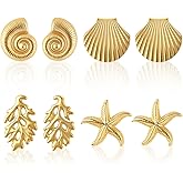 4 Pairs Starfish Shell Stud Earrings for Women, Gold Shell Trendy Drop Dangle Earrings Chunky Gold Statement Earrings Boho Ocean Conch Vacation Beach Jewelry