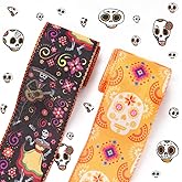 Threetols 2 Rolls 10 Yards Halloween Wired Edge Ribbons, 2.5inch Black Orange Sugar Skull Flower Burlap Ribbon, Mexican Dia De Los Meurtos Ribbon for Day of The Dead Party DIY Craft Wreath Decor