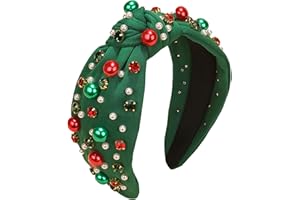 TULOBI Christmas Headband for Women Pearl Knotted Headband Xmas Red Green Pearl Rhinestone Crystal Jeweled Hairband Fashion Elegant Ladies Wide Top Knot Hair Bands Headpiece Holiday Outfits Gifts (Green)