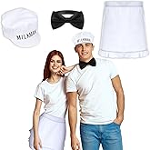 Sintuff 3 Pcs Halloween Milkman Costume Accessories Including Milkman Hat Bow Tie and Waist Apron for Adult Women Men Couple 50s Party Funny Cosplay