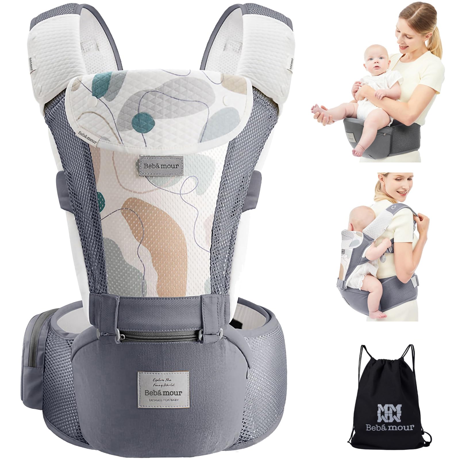 Bebamour Baby Carrier Newborn to Toddler Baby Carrier Hipseat 0-36Months with Head Hood, 3 PCS Teething Pads, Waist Extender, Grey