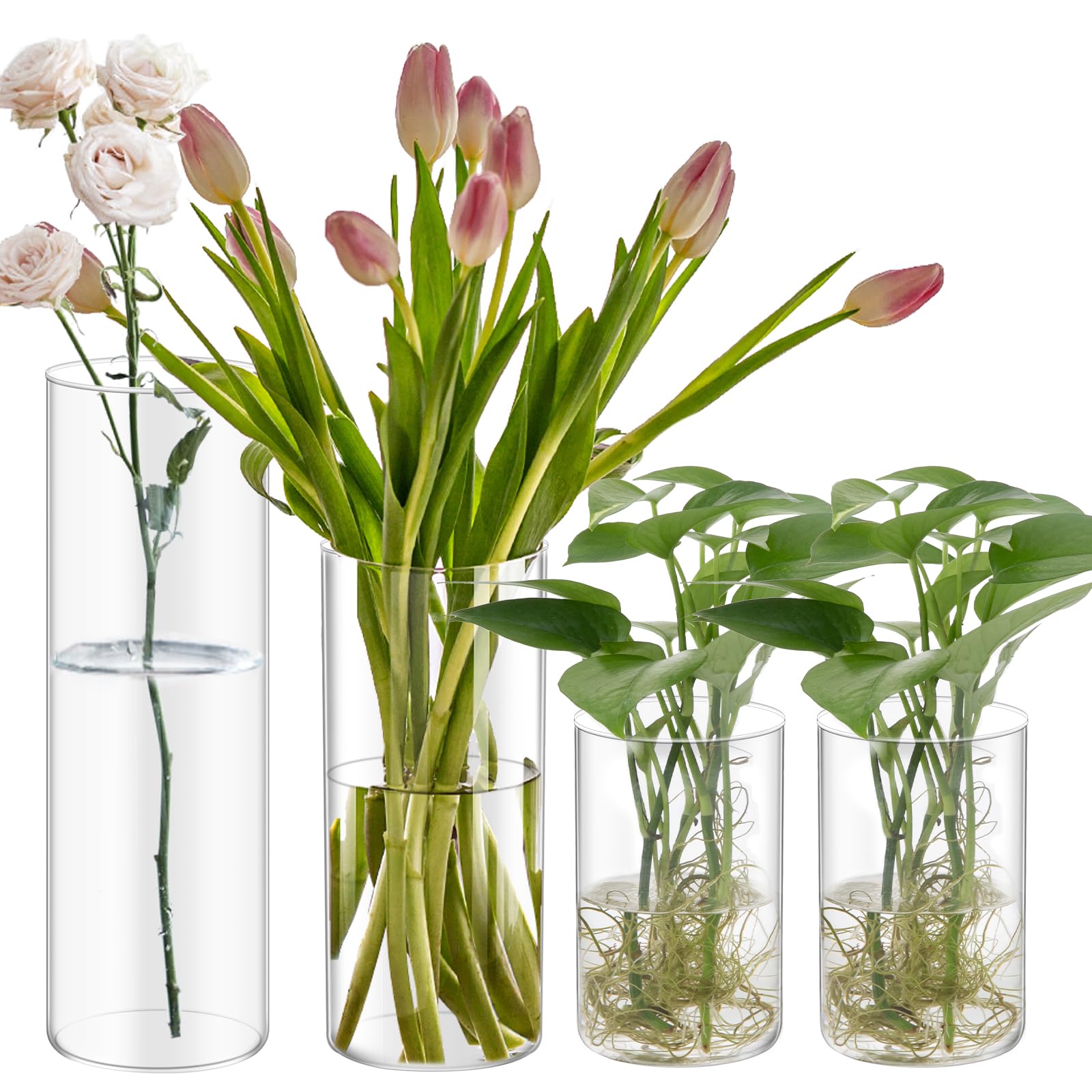 Photo 1 of SPORTYOUTH 4 Pack Glass Cylinder Vases 4,4,8,12 Inch Tall Clear Flower Vase Hurricane Floating Candle Holder for Table Centerpiece Wedding Home Office Proposal Formal Dinners Party Event Decor