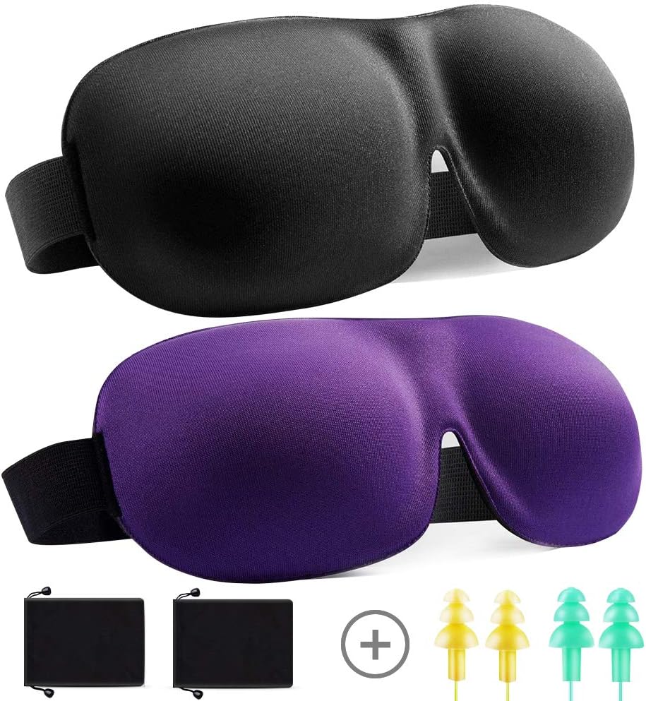 Eye Mask for Sleeping Men Women, 2 Pack 3D Sleep Mask, 100% Blackout Eye Cover, Lightweight Breathable Blindfold, Great for Travel, Night Sleep, Shift Work and Nap, Black and Purple