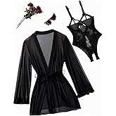 Avidlove 2 Pieces Cutout Teddy Bodysuit with Sheer Kimono Robe Mesh Sleepwear Nightwear Boudoir Outfits Sexy Lingerie Set