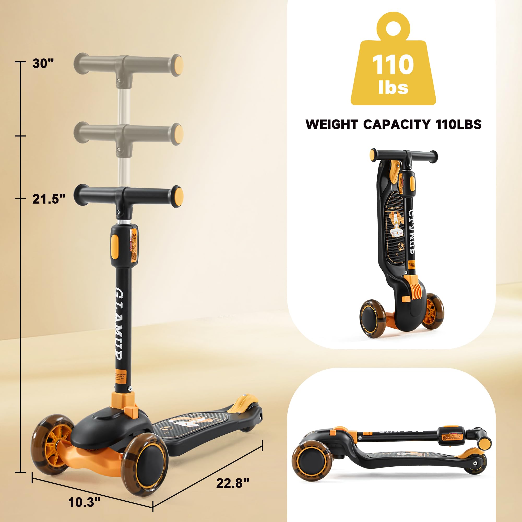 Kick Scooter Adjustable Height Adjustable Handlebar，Kids Scooter 3 Wheel with LED Lights，Suitable Kids Ages 2，Ages 6，Ages 8，Extra Wide Deck for Boys and Girls
