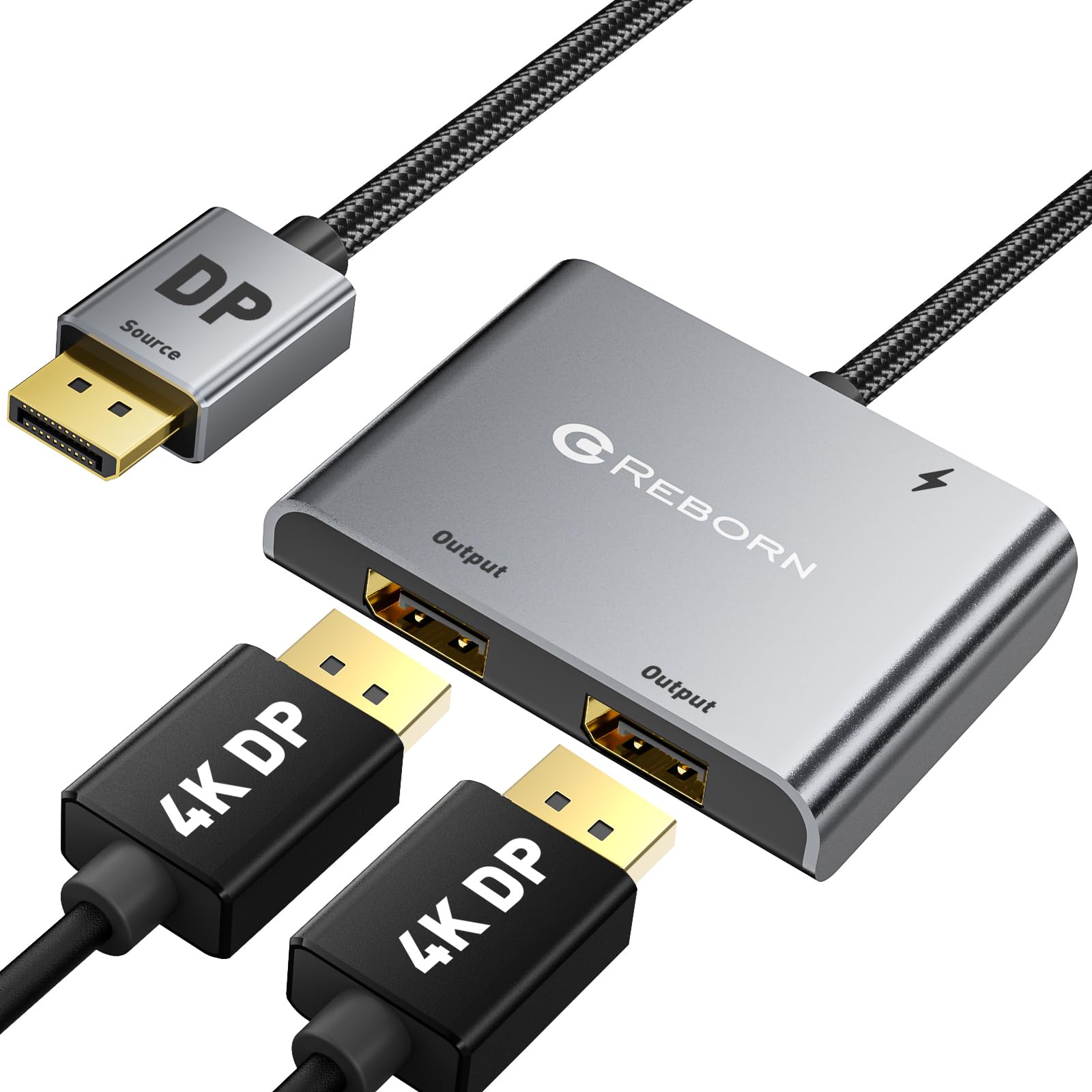Photo 1 of Reborn DisplayPort to Dual DisplayPort Splitter 4K@60Hz Display Port Splitter 1 in 2 Out for Dual Monitor Extended Display DP Source to 2 DP Adapter with PC, Graphics Card, Lenovo, HP and More