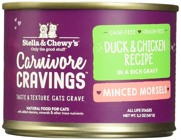 STELLA & CHEWY’S CARNIVORE CRAVINGS MINCED MORSELS CANS – GRAIN FREE, PROTEIN RICH WET CAT FOOD – CAGE-FREE CHICKEN & DUCK RECIPE – (5.2 OUNCE CANS, CASE OF 8)