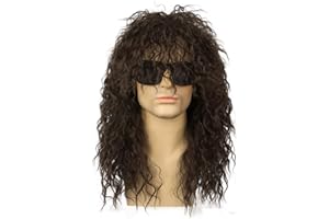 Wallden Hair 80s Rocker Wigs for Men and Women Brown Mullet Wig Long Curly Hair Wig Kiss Wig Perfect for Halloween, Cosplay, DIY Themed Costume Party (Brown + Sunglasses) …