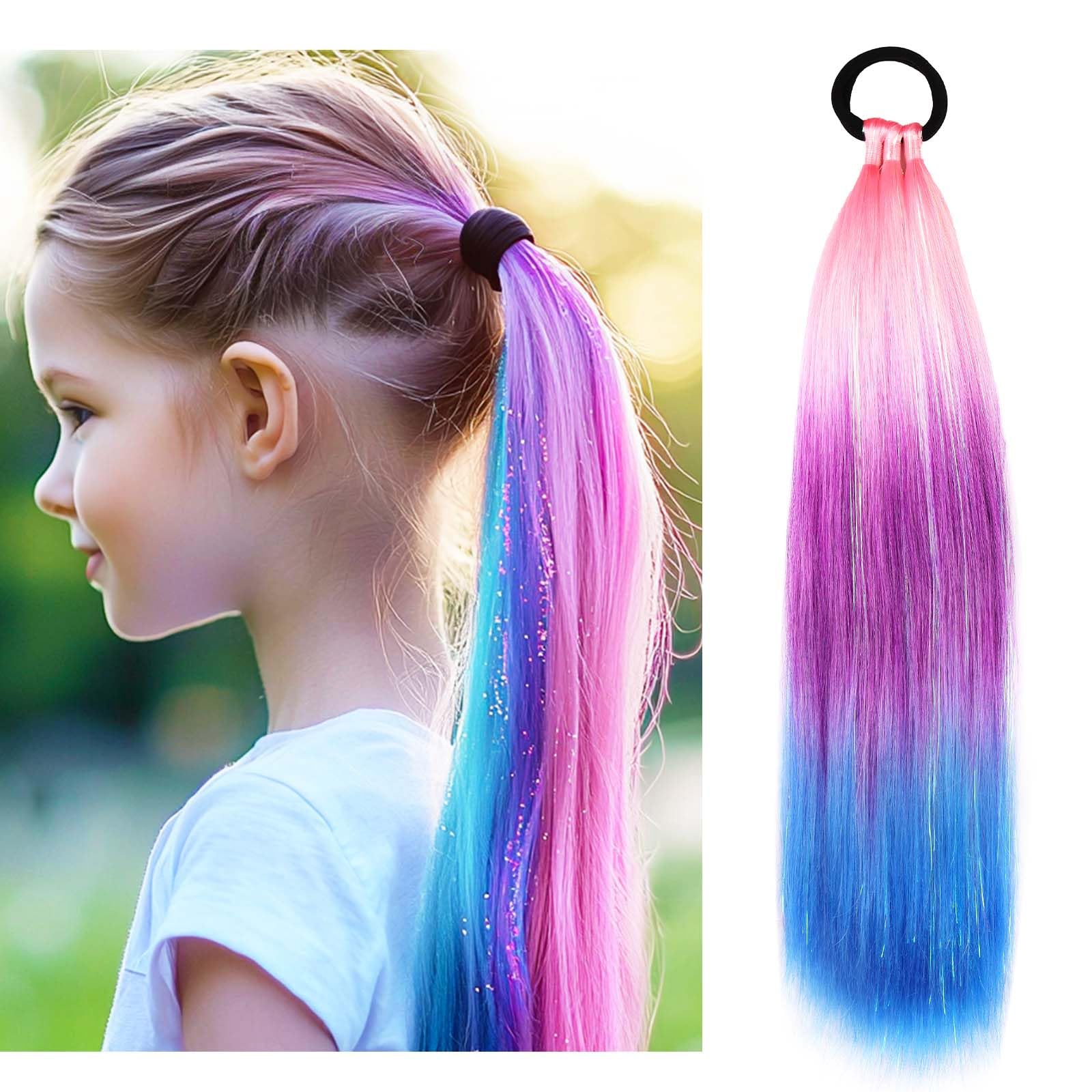 Rainbow Ponytail Extensions With Hair Tie 1 Packs 80g/Pack Coloured Hair Extensions for Braiding 18 inch Colorful Ombre Mermaid Pony Tail Synthetic Hair Extensions for Girl Women XX39 โ image 1