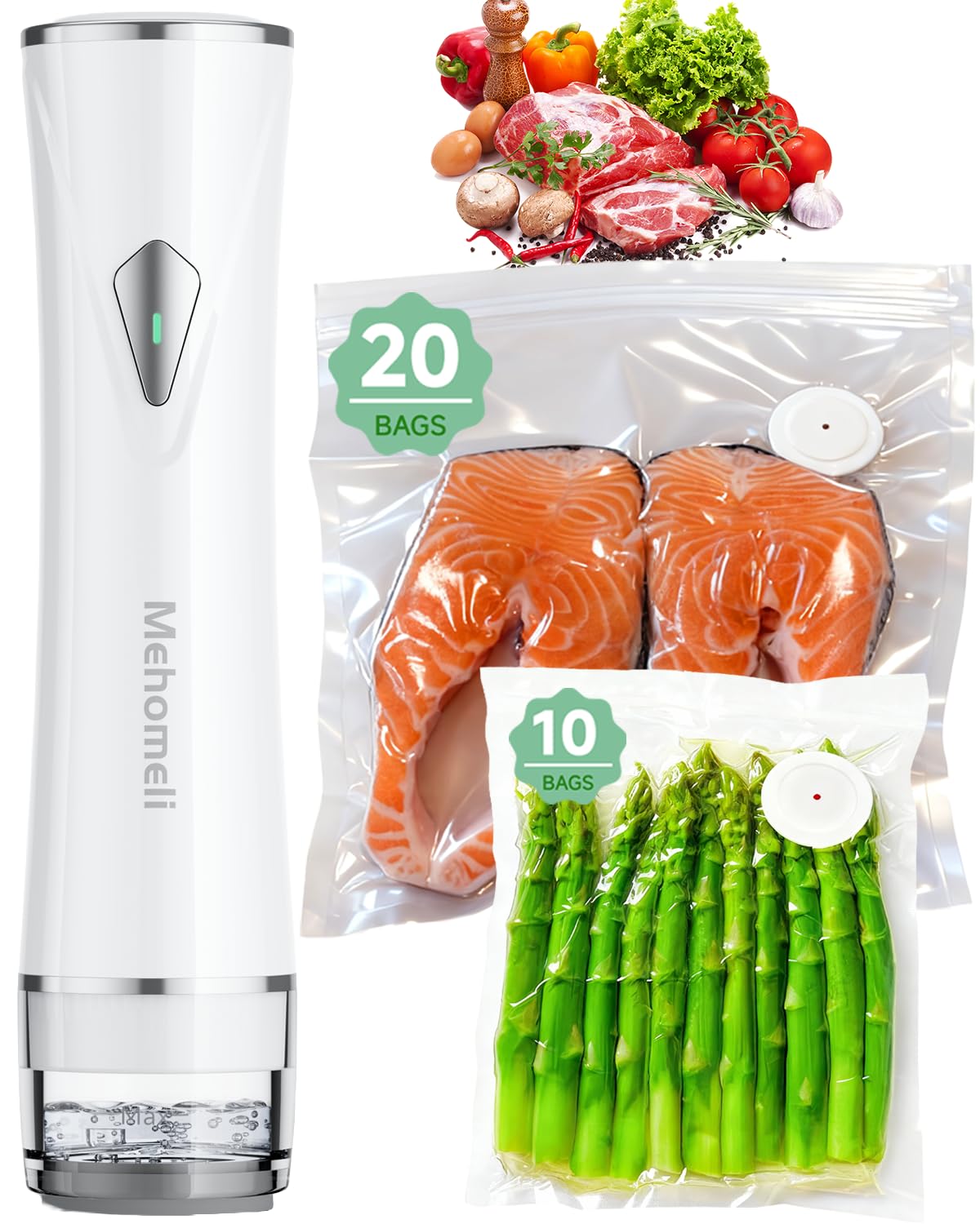Photo 1 of Mehomeli Compact Vacuum Sealer for Food (Vacuum Sealer Machine + 30 Reusable Vacuum Bags), Powerful Handheld Vacuum Sealer Machine, Seal Food 6X Fresh Longer, Portable & Wireless, Easy-Clean