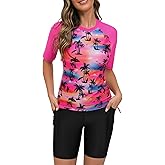 Tournesol Women's Two Piece Rash Guard Short Sleeve Swim Shirts UPF 50+ Built in Bra Swimsuit with Boyshorts with Pockets