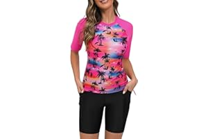 Tournesol Women's Two Piece Rash Guard Short Sleeve Swim Shirts UPF 50+ Built in Bra Swimsuit with Boyshorts with Pockets